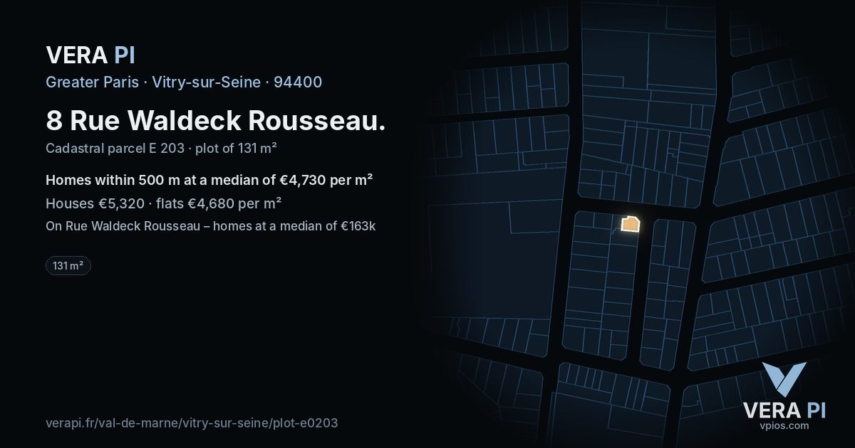 8 Rue Waldeck Rousseau, Vitry-sur-Seine at night – the plot lit, the parcels around coloured by the prices near them
