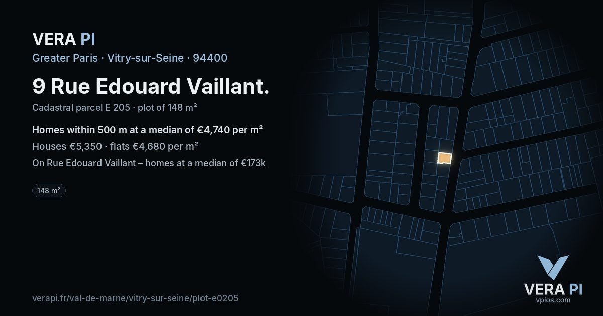 9 Rue Edouard Vaillant, Vitry-sur-Seine at night – the plot lit, the parcels around coloured by the prices near them