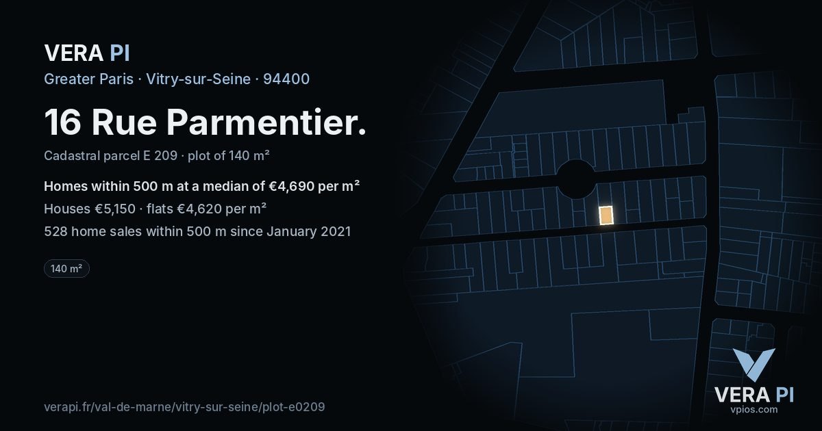 16 Rue Parmentier, Vitry-sur-Seine at night – the plot lit, the parcels around coloured by the prices near them