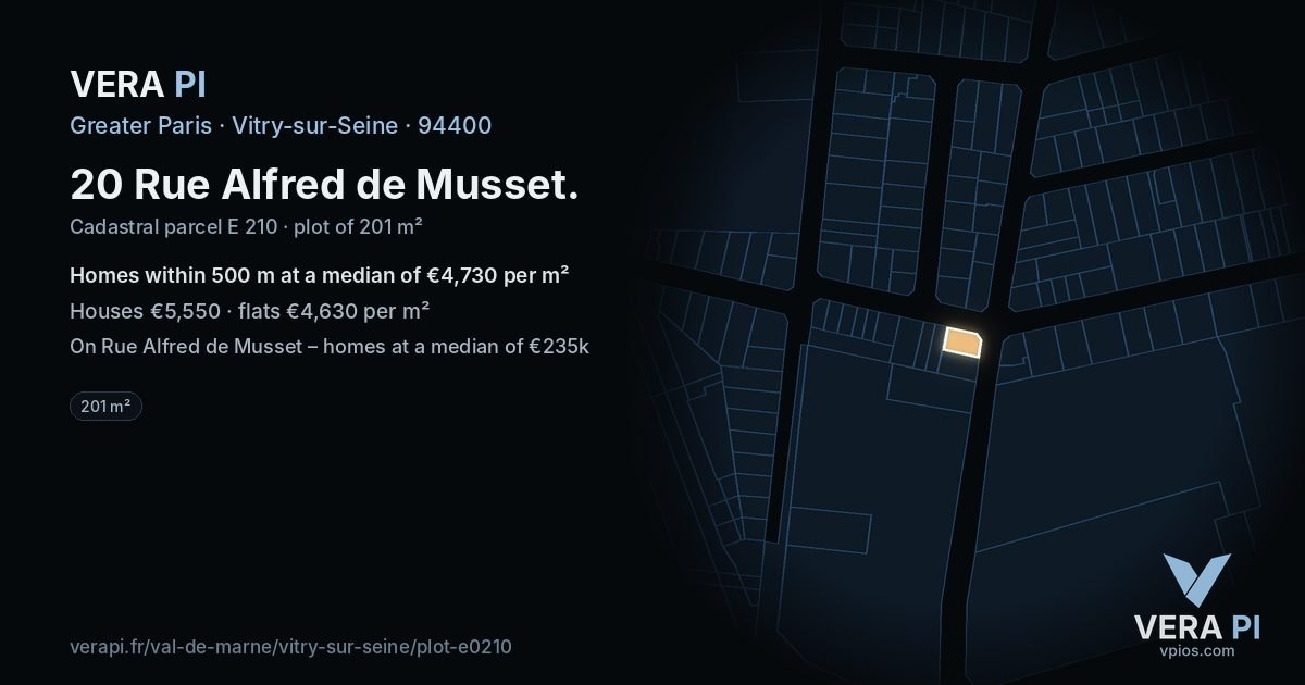 20 Rue Alfred de Musset, Vitry-sur-Seine at night – the plot lit, the parcels around coloured by the prices near them