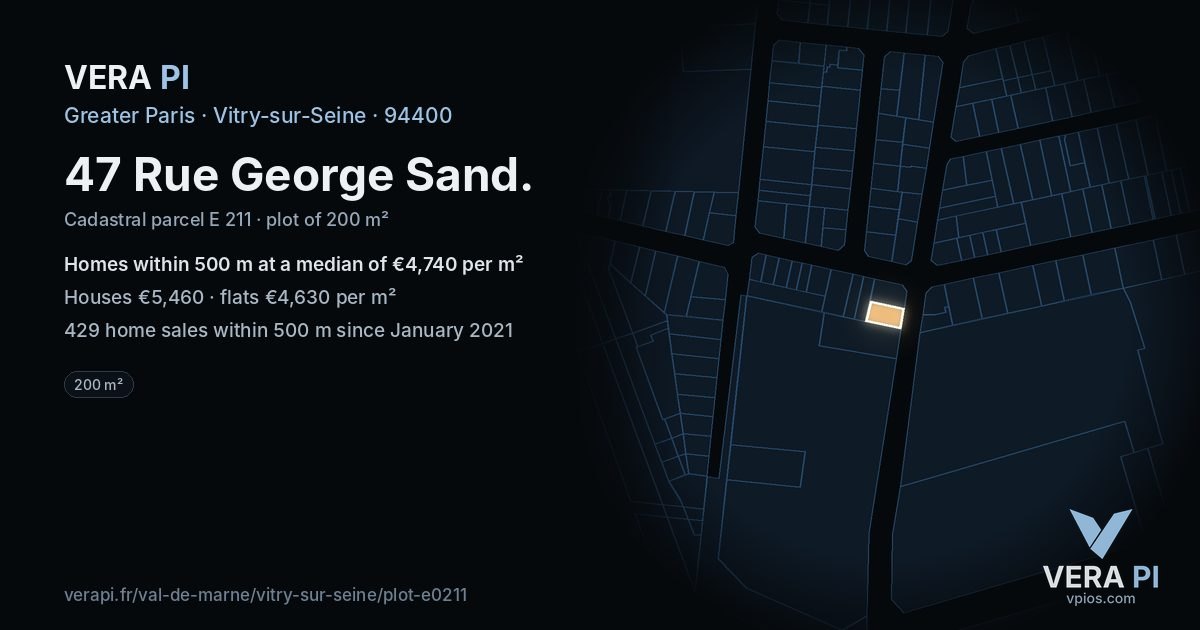 47 Rue George Sand, Vitry-sur-Seine at night – the plot lit, the parcels around coloured by the prices near them