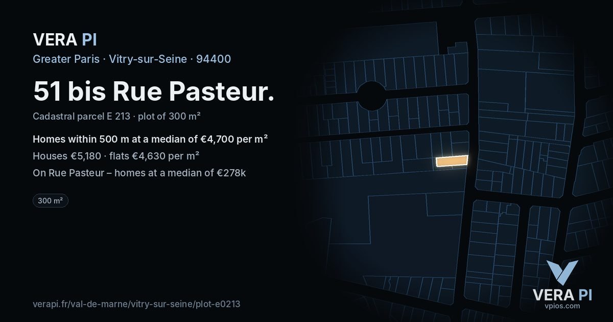 51 bis Rue Pasteur, Vitry-sur-Seine at night – the plot lit, the parcels around coloured by the prices near them