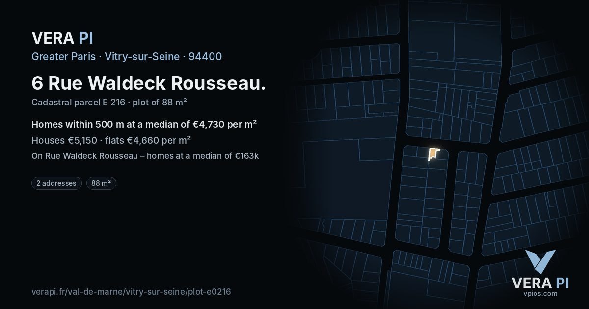 6 Rue Waldeck Rousseau, Vitry-sur-Seine at night – the plot lit, the parcels around coloured by the prices near them