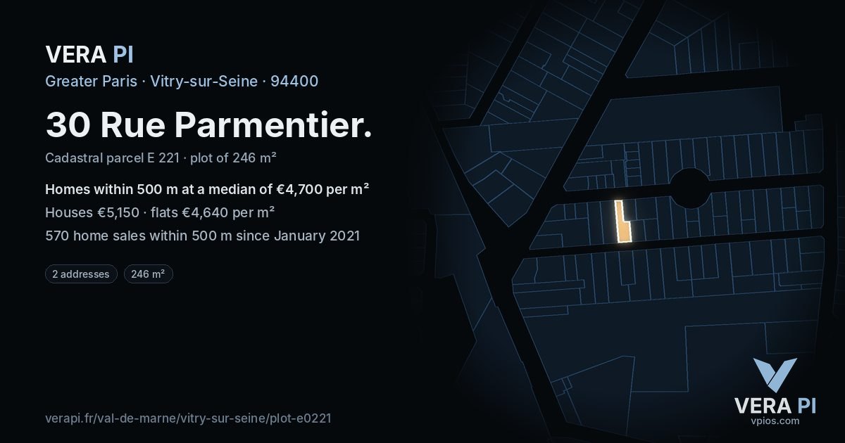 30 Rue Parmentier, Vitry-sur-Seine at night – the plot lit, the parcels around coloured by the prices near them
