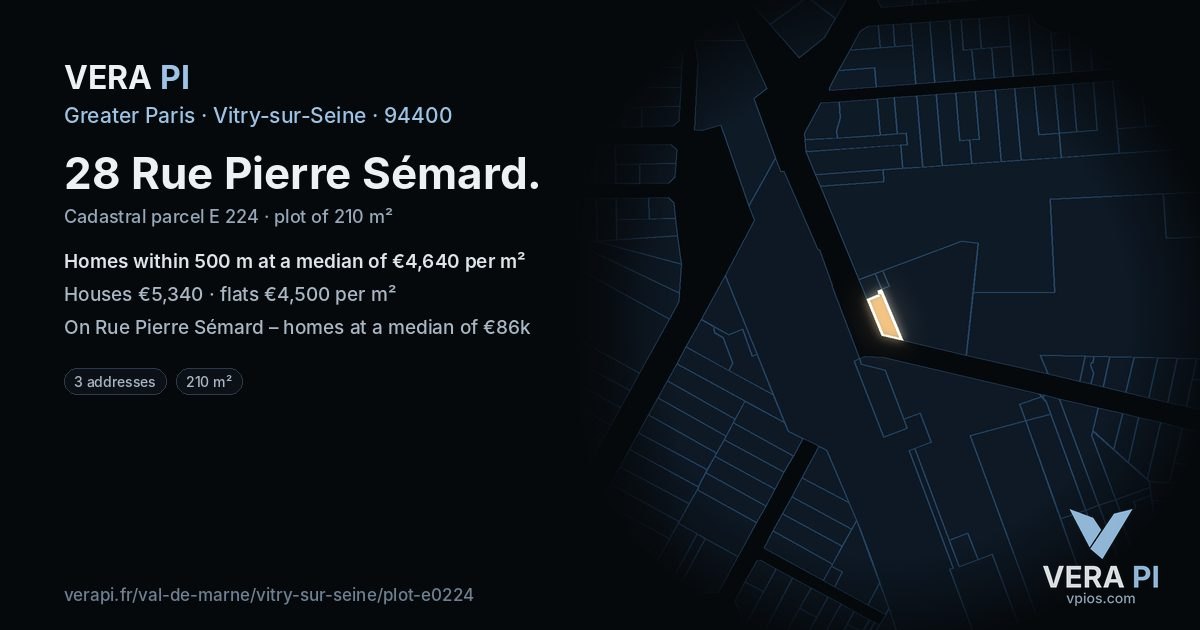 28 Rue Pierre Sémard, Vitry-sur-Seine at night – the plot lit, the parcels around coloured by the prices near them