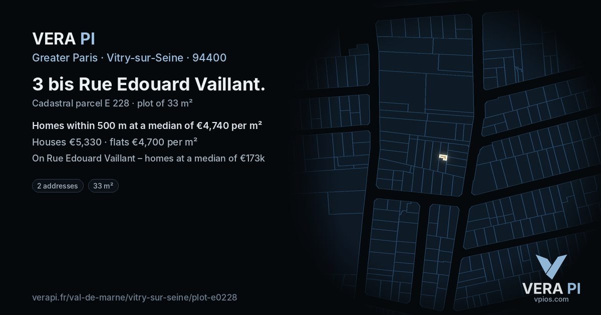 3 bis Rue Edouard Vaillant, Vitry-sur-Seine at night – the plot lit, the parcels around coloured by the prices near them