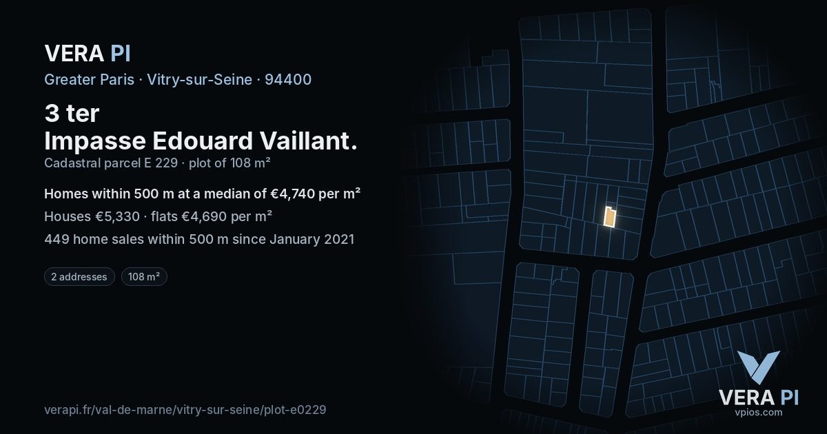 3 ter Impasse Edouard Vaillant, Vitry-sur-Seine at night – the plot lit, the parcels around coloured by the prices near them