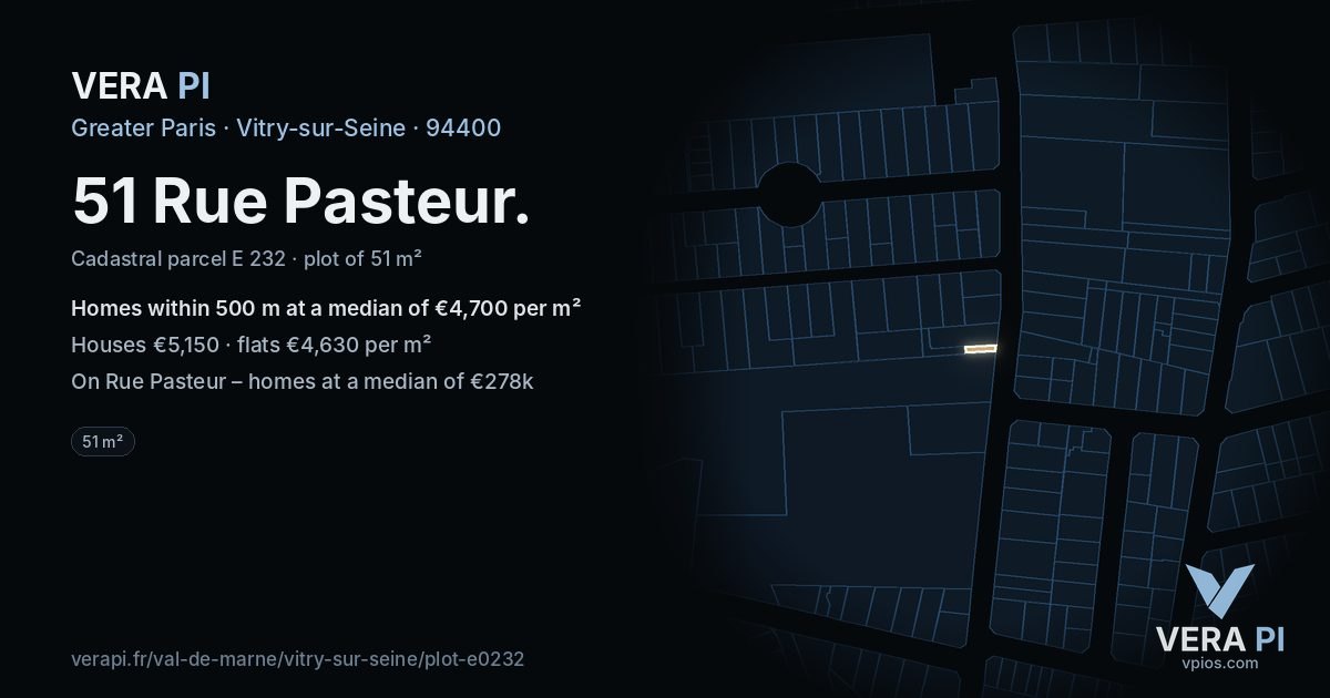 51 Rue Pasteur, Vitry-sur-Seine at night – the plot lit, the parcels around coloured by the prices near them