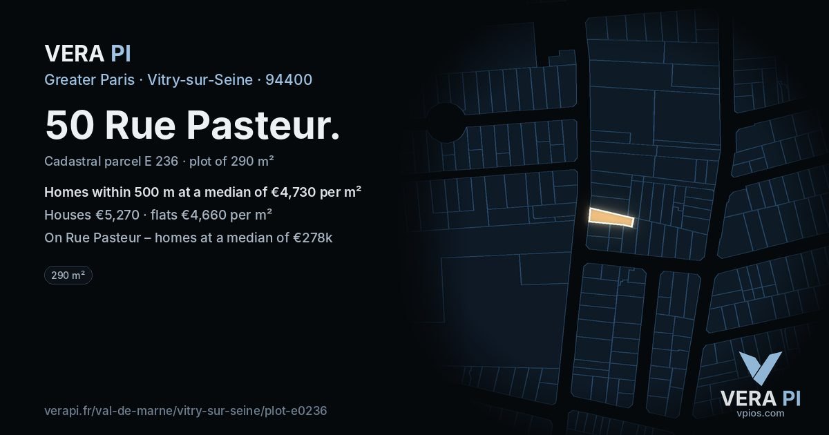 50 Rue Pasteur, Vitry-sur-Seine at night – the plot lit, the parcels around coloured by the prices near them
