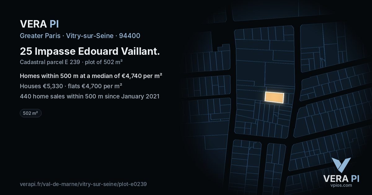 25 Impasse Edouard Vaillant, Vitry-sur-Seine at night – the plot lit, the parcels around coloured by the prices near them