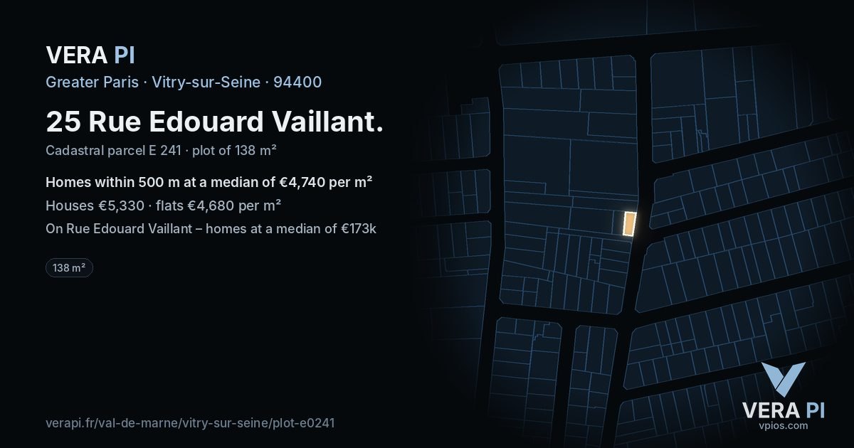25 Rue Edouard Vaillant, Vitry-sur-Seine at night – the plot lit, the parcels around coloured by the prices near them