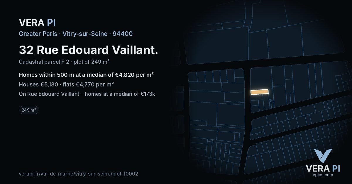 32 Rue Edouard Vaillant, Vitry-sur-Seine at night – the plot lit, the parcels around coloured by the prices near them
