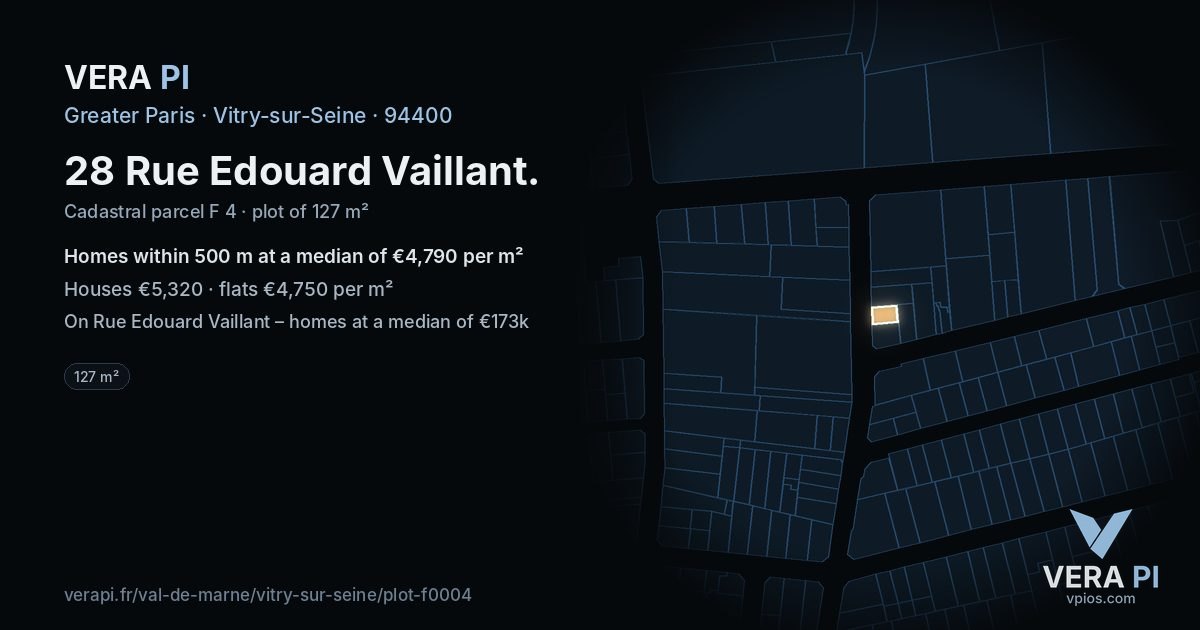 28 Rue Edouard Vaillant, Vitry-sur-Seine at night – the plot lit, the parcels around coloured by the prices near them