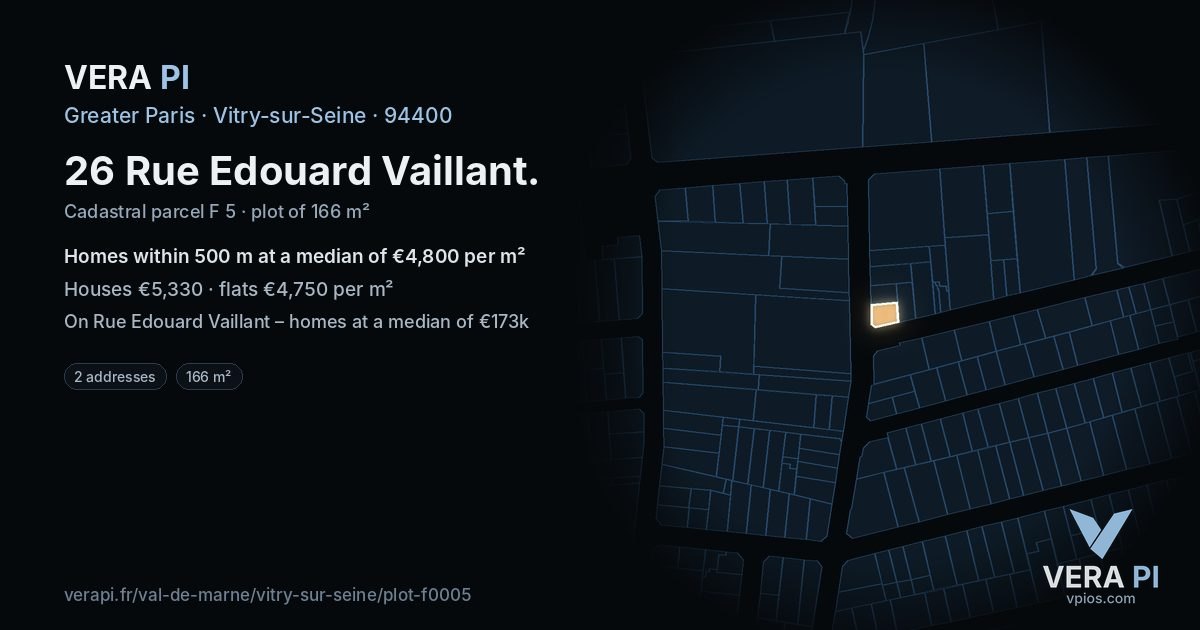 26 Rue Edouard Vaillant, Vitry-sur-Seine at night – the plot lit, the parcels around coloured by the prices near them