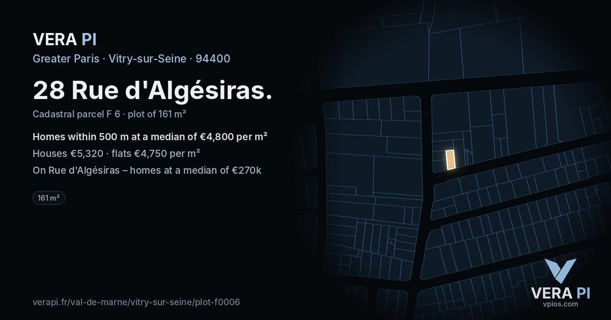 28 Rue d'Algésiras, Vitry-sur-Seine at night – the plot lit, the parcels around coloured by the prices near them