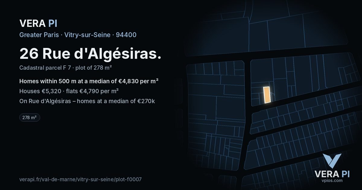26 Rue d'Algésiras, Vitry-sur-Seine at night – the plot lit, the parcels around coloured by the prices near them