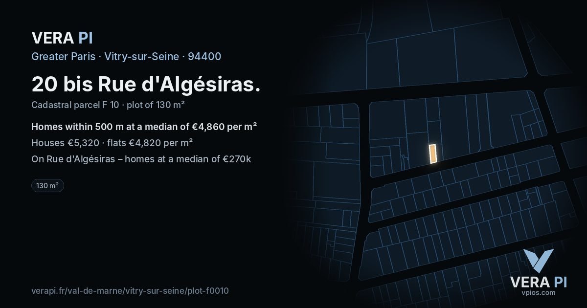20 bis Rue d'Algésiras, Vitry-sur-Seine at night – the plot lit, the parcels around coloured by the prices near them