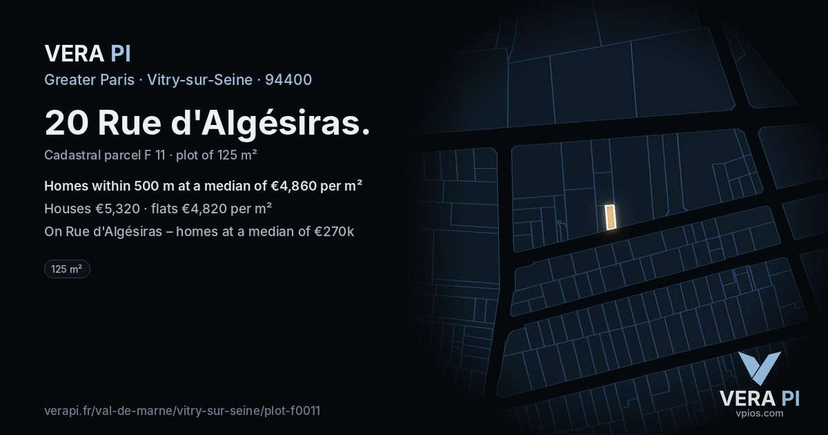 20 Rue d'Algésiras, Vitry-sur-Seine at night – the plot lit, the parcels around coloured by the prices near them