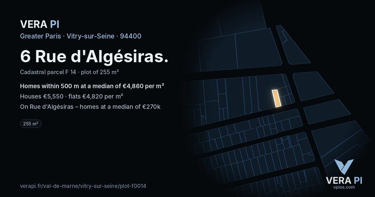 6 Rue d'Algésiras, Vitry-sur-Seine at night – the plot lit, the parcels around coloured by the prices near them