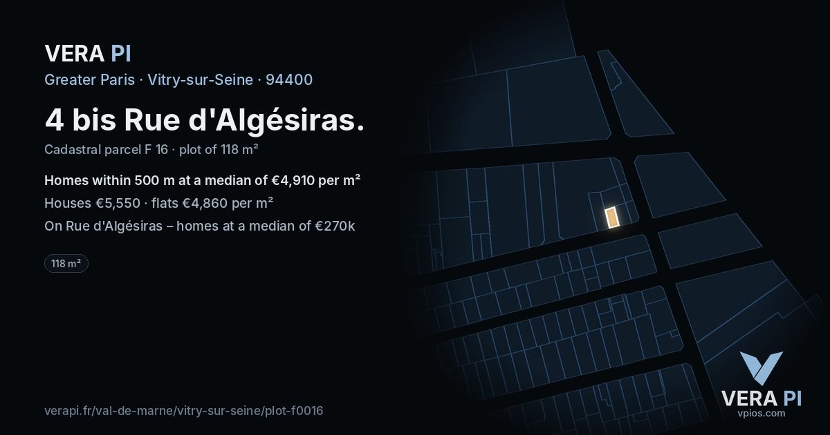 4 bis Rue d'Algésiras, Vitry-sur-Seine at night – the plot lit, the parcels around coloured by the prices near them