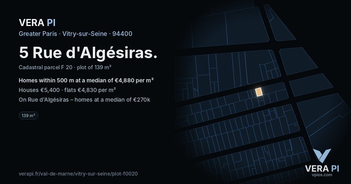 5 Rue d'Algésiras, Vitry-sur-Seine at night – the plot lit, the parcels around coloured by the prices near them