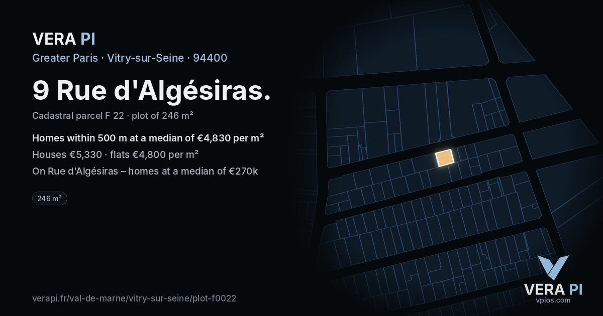 9 Rue d'Algésiras, Vitry-sur-Seine at night – the plot lit, the parcels around coloured by the prices near them