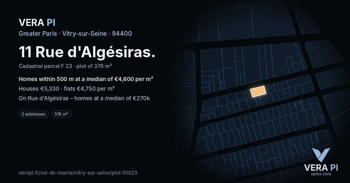 11 Rue d'Algésiras, Vitry-sur-Seine at night – the plot lit, the parcels around coloured by the prices near them