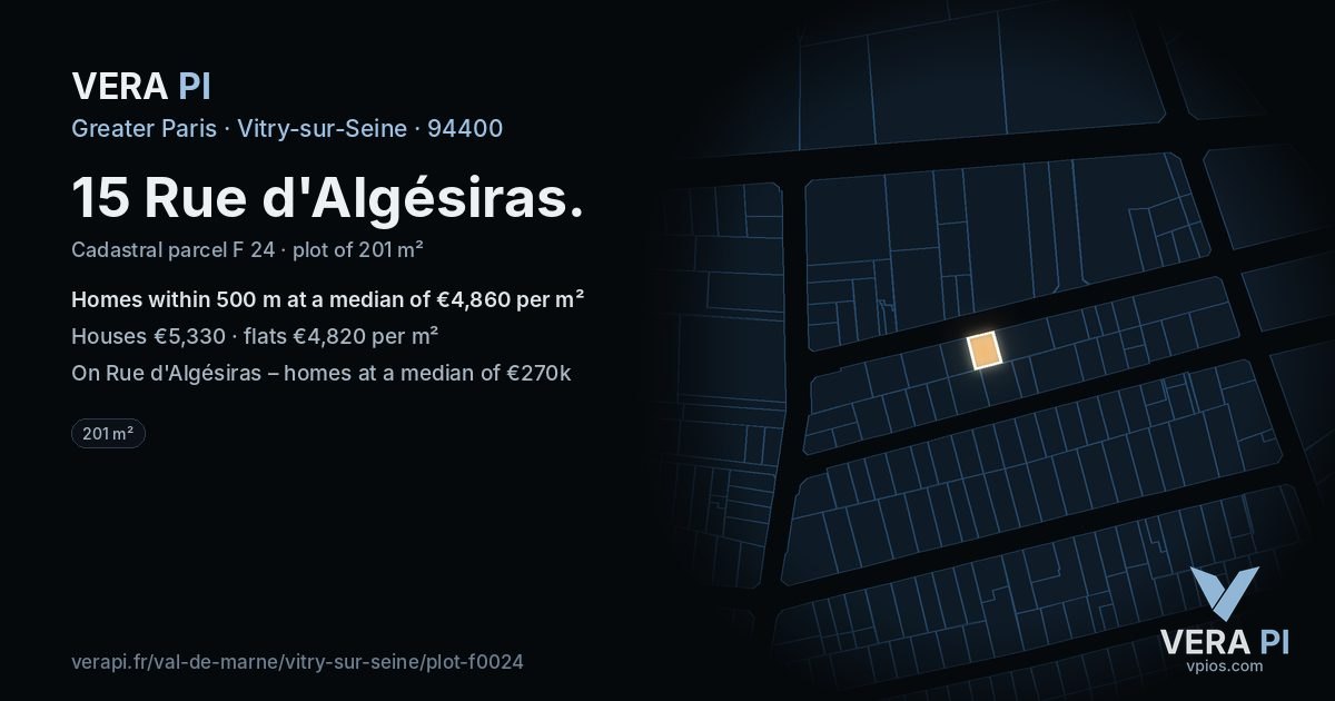 15 Rue d'Algésiras, Vitry-sur-Seine at night – the plot lit, the parcels around coloured by the prices near them