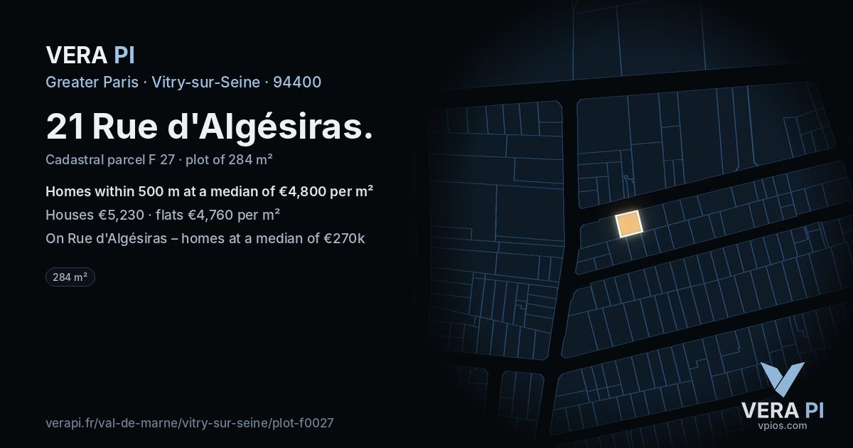 21 Rue d'Algésiras, Vitry-sur-Seine at night – the plot lit, the parcels around coloured by the prices near them