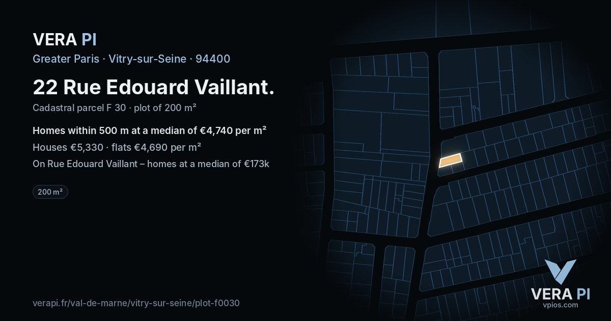 22 Rue Edouard Vaillant, Vitry-sur-Seine at night – the plot lit, the parcels around coloured by the prices near them