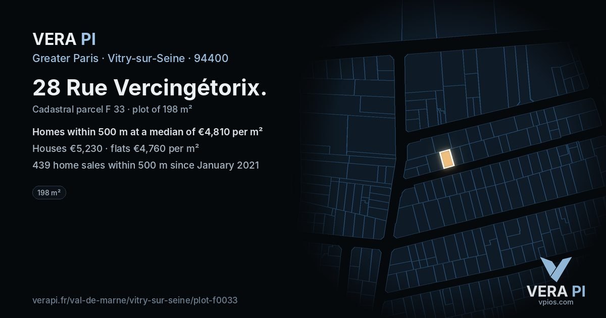 28 Rue Vercingétorix, Vitry-sur-Seine at night – the plot lit, the parcels around coloured by the prices near them