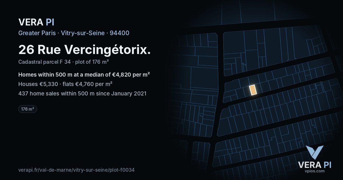 26 Rue Vercingétorix, Vitry-sur-Seine at night – the plot lit, the parcels around coloured by the prices near them