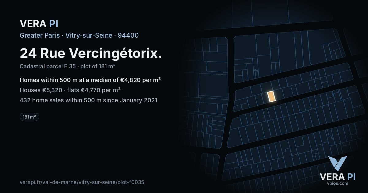 24 Rue Vercingétorix, Vitry-sur-Seine at night – the plot lit, the parcels around coloured by the prices near them