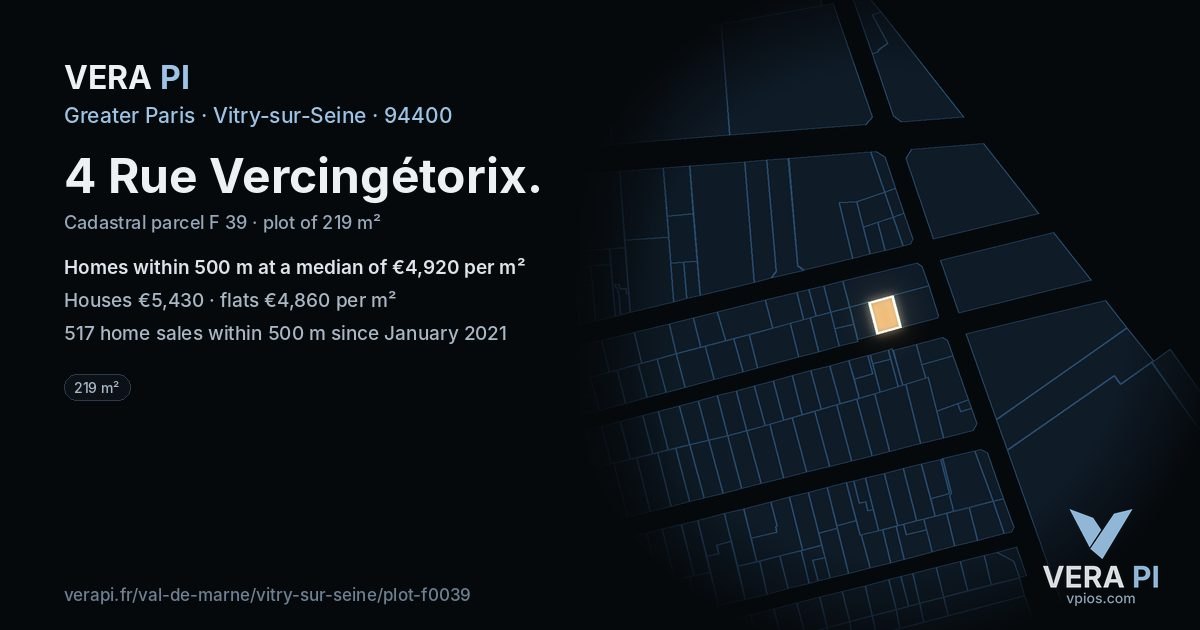 4 Rue Vercingétorix, Vitry-sur-Seine at night – the plot lit, the parcels around coloured by the prices near them