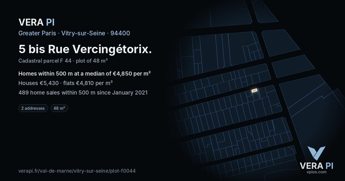 5 bis Rue Vercingétorix, Vitry-sur-Seine at night – the plot lit, the parcels around coloured by the prices near them