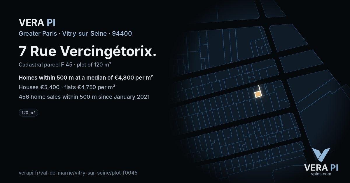 7 Rue Vercingétorix, Vitry-sur-Seine at night – the plot lit, the parcels around coloured by the prices near them