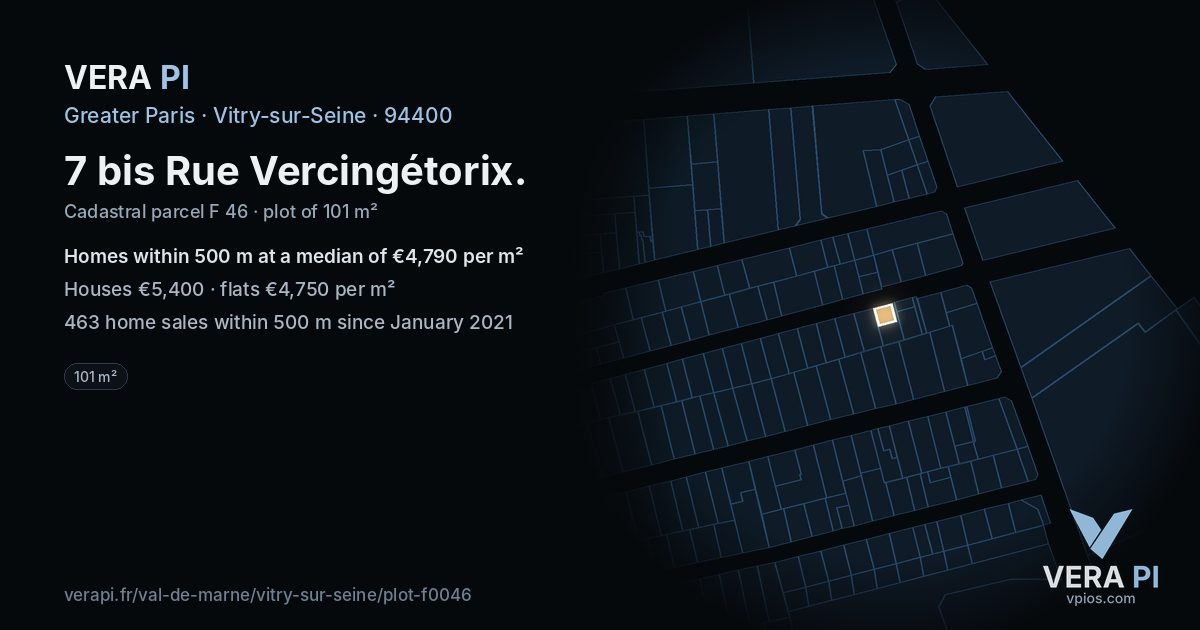 7 bis Rue Vercingétorix, Vitry-sur-Seine at night – the plot lit, the parcels around coloured by the prices near them