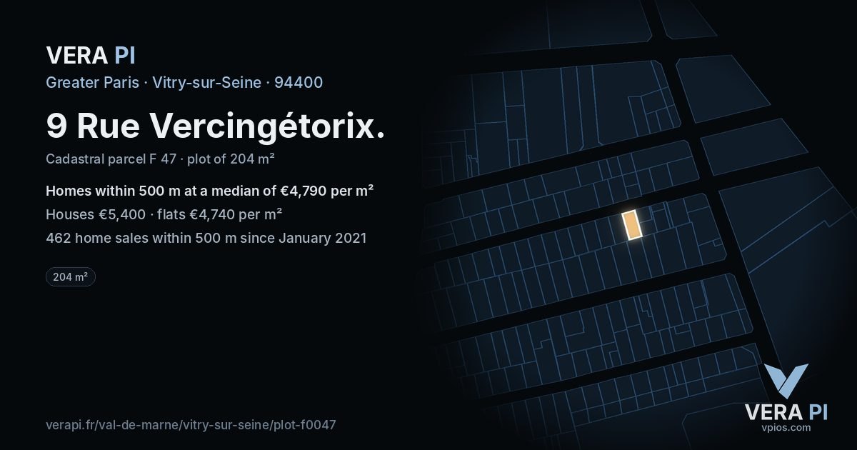 9 Rue Vercingétorix, Vitry-sur-Seine at night – the plot lit, the parcels around coloured by the prices near them
