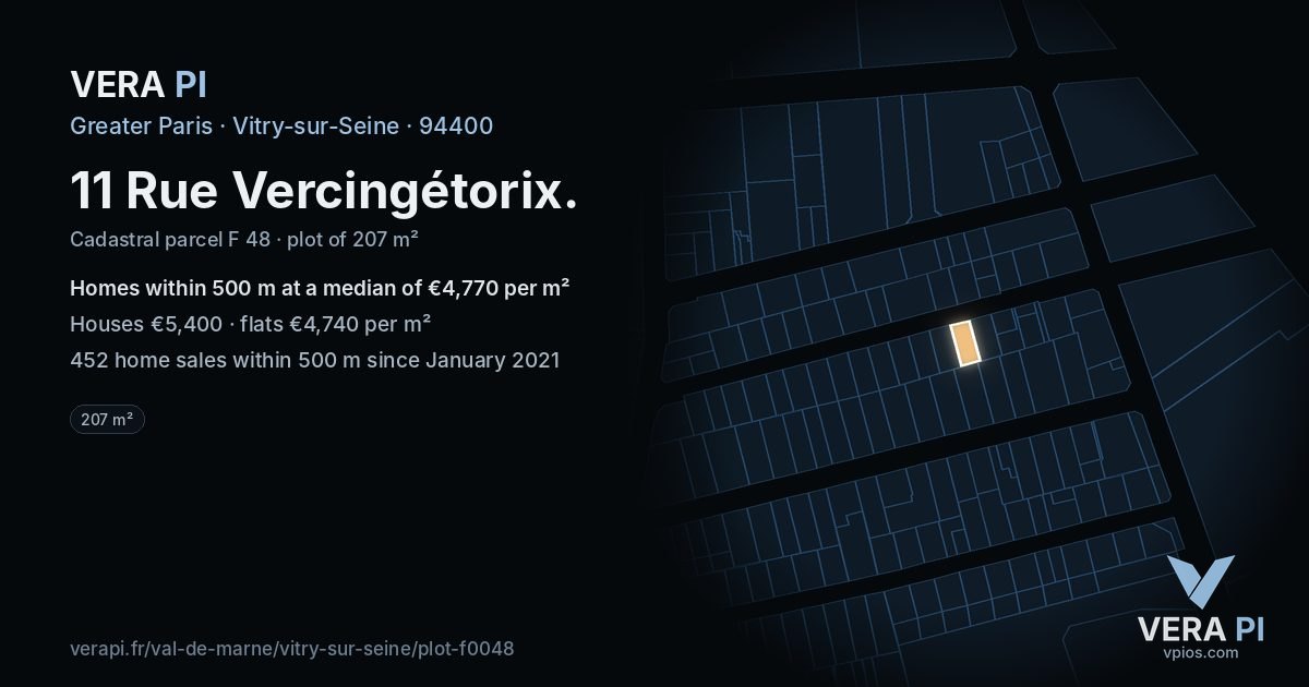 11 Rue Vercingétorix, Vitry-sur-Seine at night – the plot lit, the parcels around coloured by the prices near them