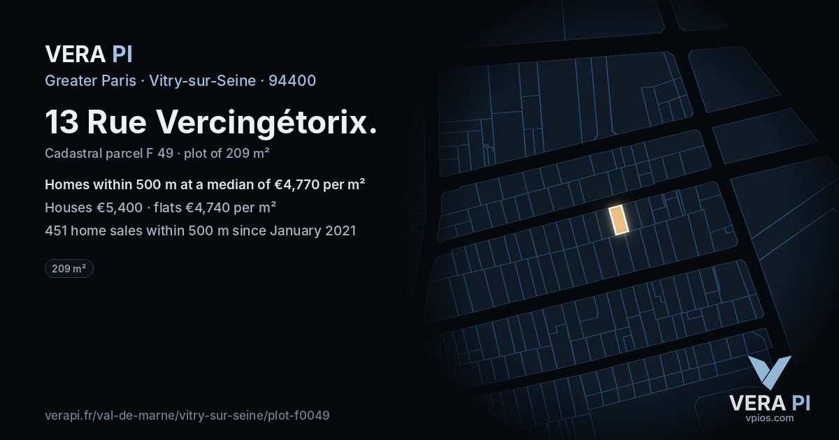13 Rue Vercingétorix, Vitry-sur-Seine at night – the plot lit, the parcels around coloured by the prices near them