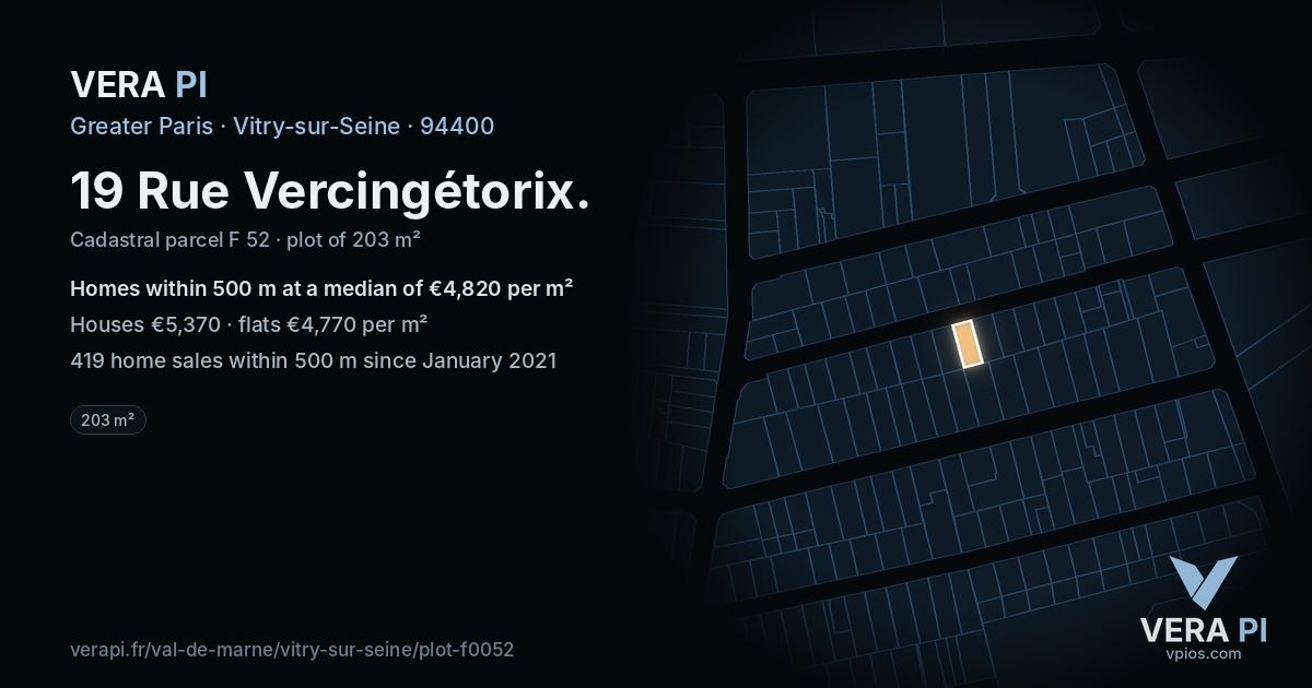 19 Rue Vercingétorix, Vitry-sur-Seine at night – the plot lit, the parcels around coloured by the prices near them