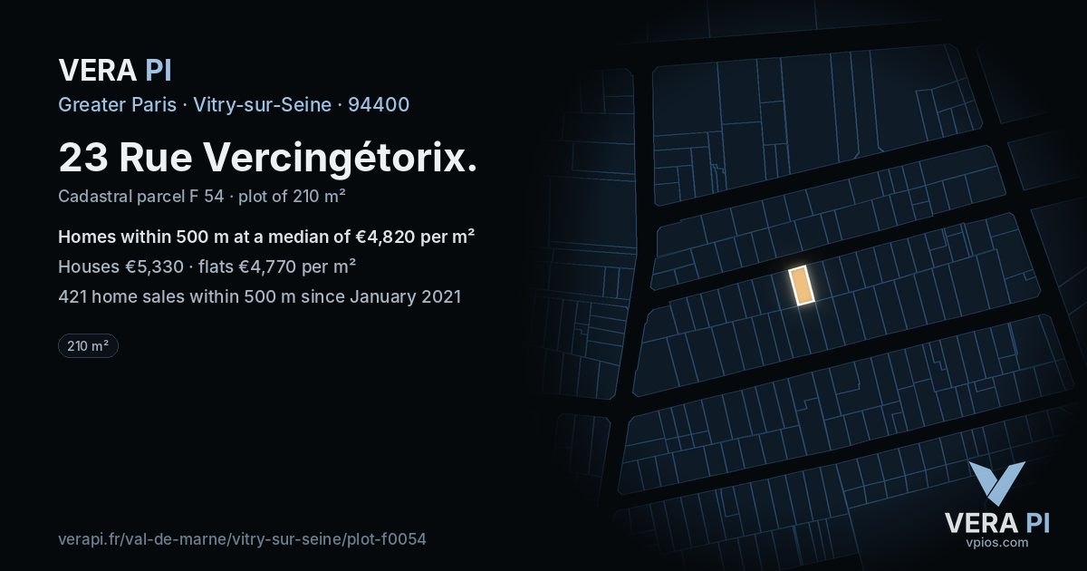 23 Rue Vercingétorix, Vitry-sur-Seine at night – the plot lit, the parcels around coloured by the prices near them