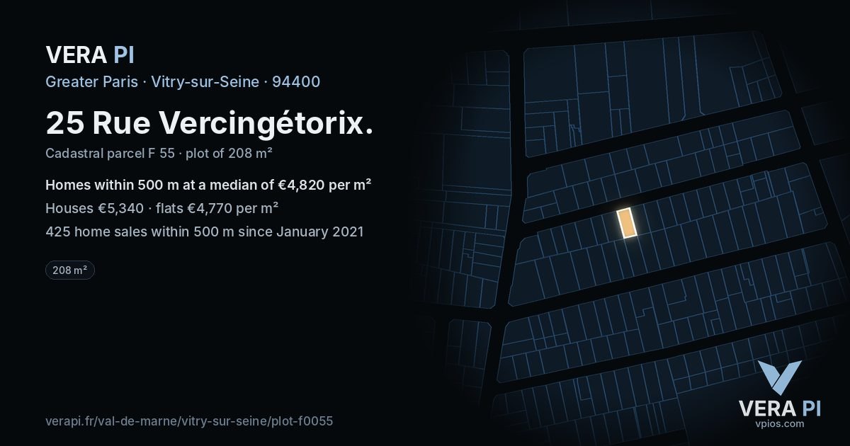 25 Rue Vercingétorix, Vitry-sur-Seine at night – the plot lit, the parcels around coloured by the prices near them