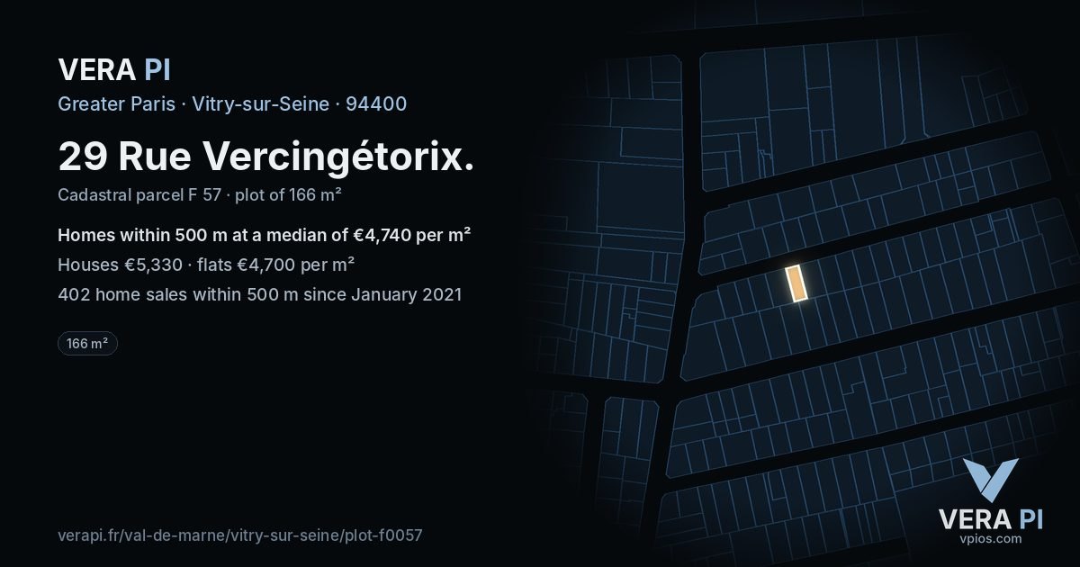 29 Rue Vercingétorix, Vitry-sur-Seine at night – the plot lit, the parcels around coloured by the prices near them