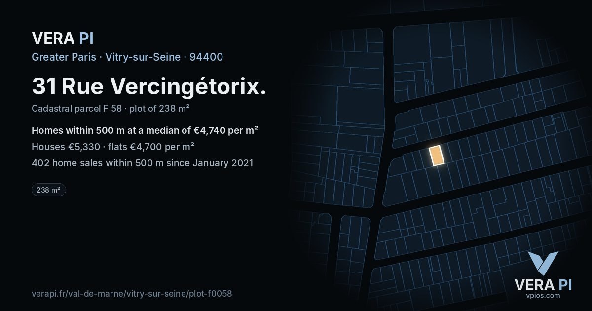31 Rue Vercingétorix, Vitry-sur-Seine at night – the plot lit, the parcels around coloured by the prices near them