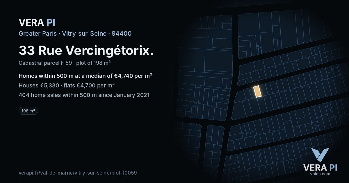 33 Rue Vercingétorix, Vitry-sur-Seine at night – the plot lit, the parcels around coloured by the prices near them