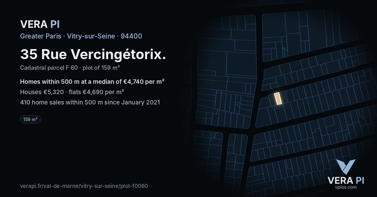 35 Rue Vercingétorix, Vitry-sur-Seine at night – the plot lit, the parcels around coloured by the prices near them