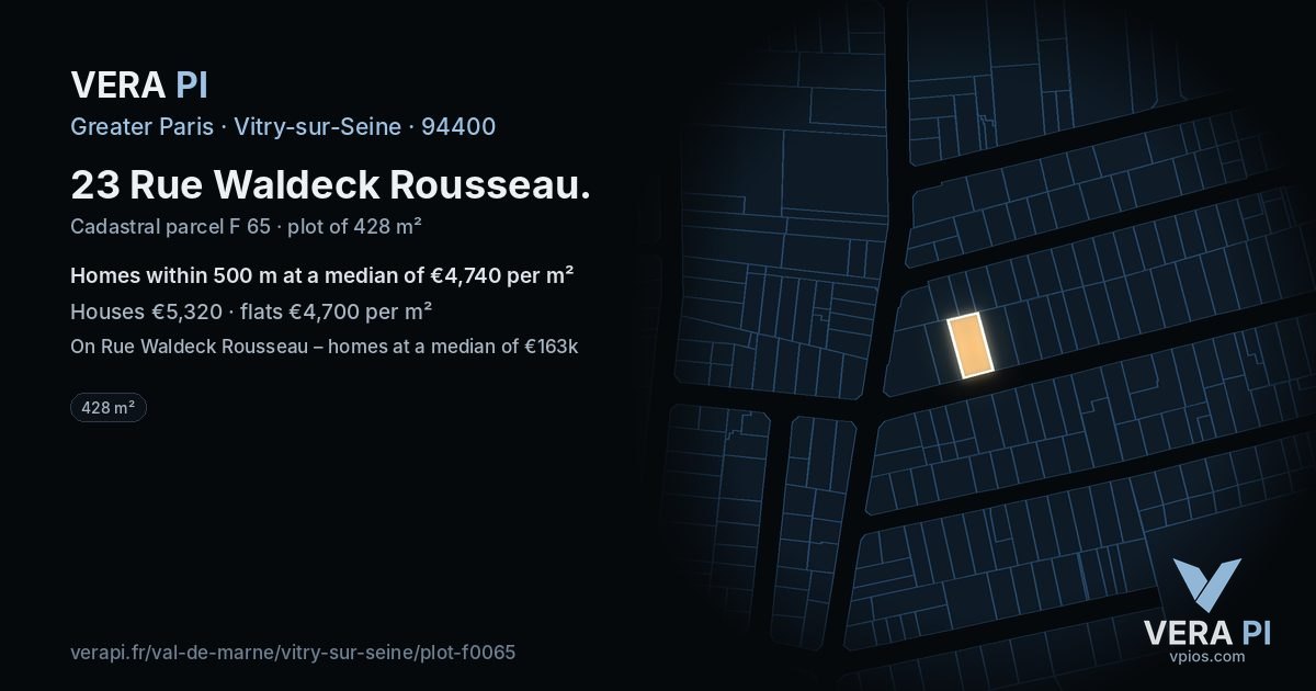 23 Rue Waldeck Rousseau, Vitry-sur-Seine at night – the plot lit, the parcels around coloured by the prices near them
