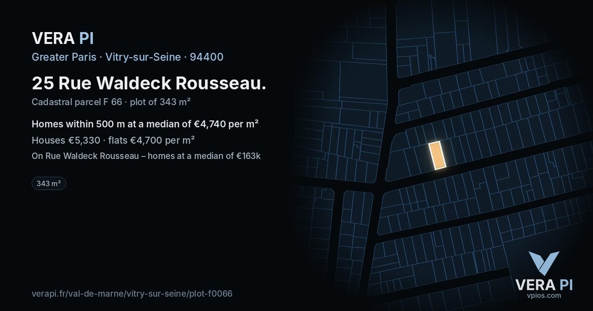 25 Rue Waldeck Rousseau, Vitry-sur-Seine at night – the plot lit, the parcels around coloured by the prices near them
