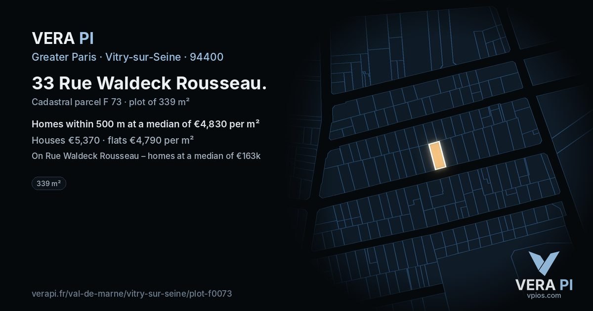 33 Rue Waldeck Rousseau, Vitry-sur-Seine at night – the plot lit, the parcels around coloured by the prices near them